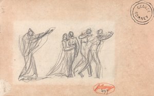Possibilmente una figura che pronuncia una maledizione su un gruppo